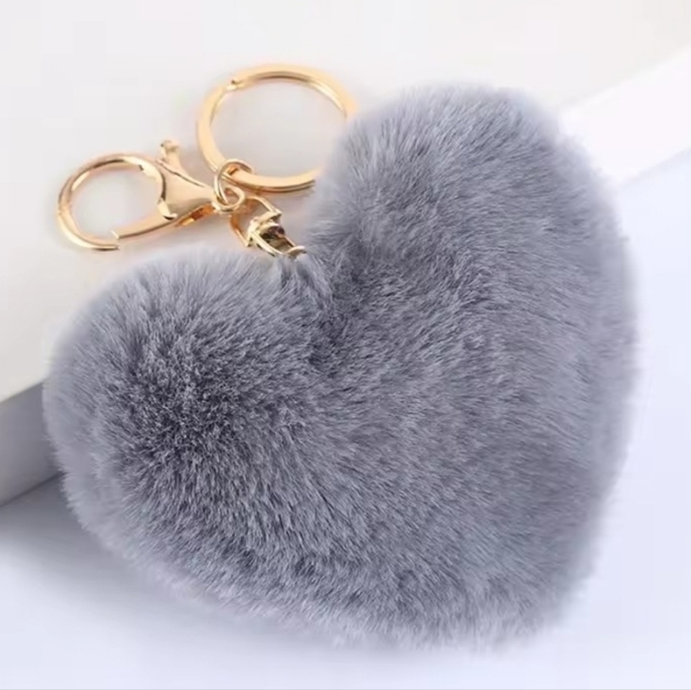 Gray Heart-Shaped Fluffy Keychain